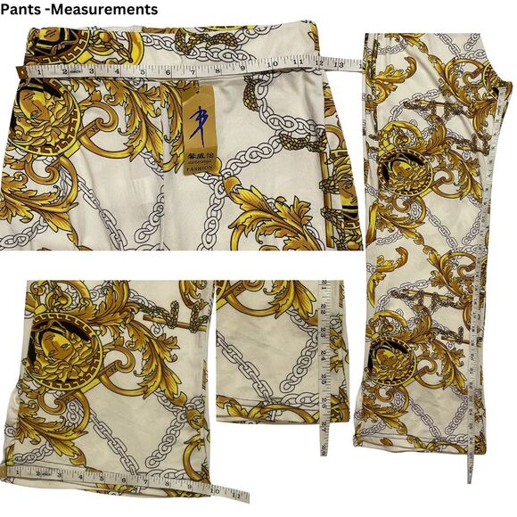 Plunging Neckline Crop Top & Pants Outfit White and Gold Baroque Print Slim-Fit - Picture 8 of 9
